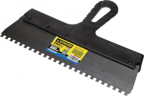 Шпатель STAYER "PROFESSIONAL" нержавеющий зубчатый с пластмассовой ручкой, 300мм, зуб 6х6мм 1009-30-06