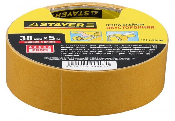 Лента клеящая двухсторонняя STAYER 1221-38-05