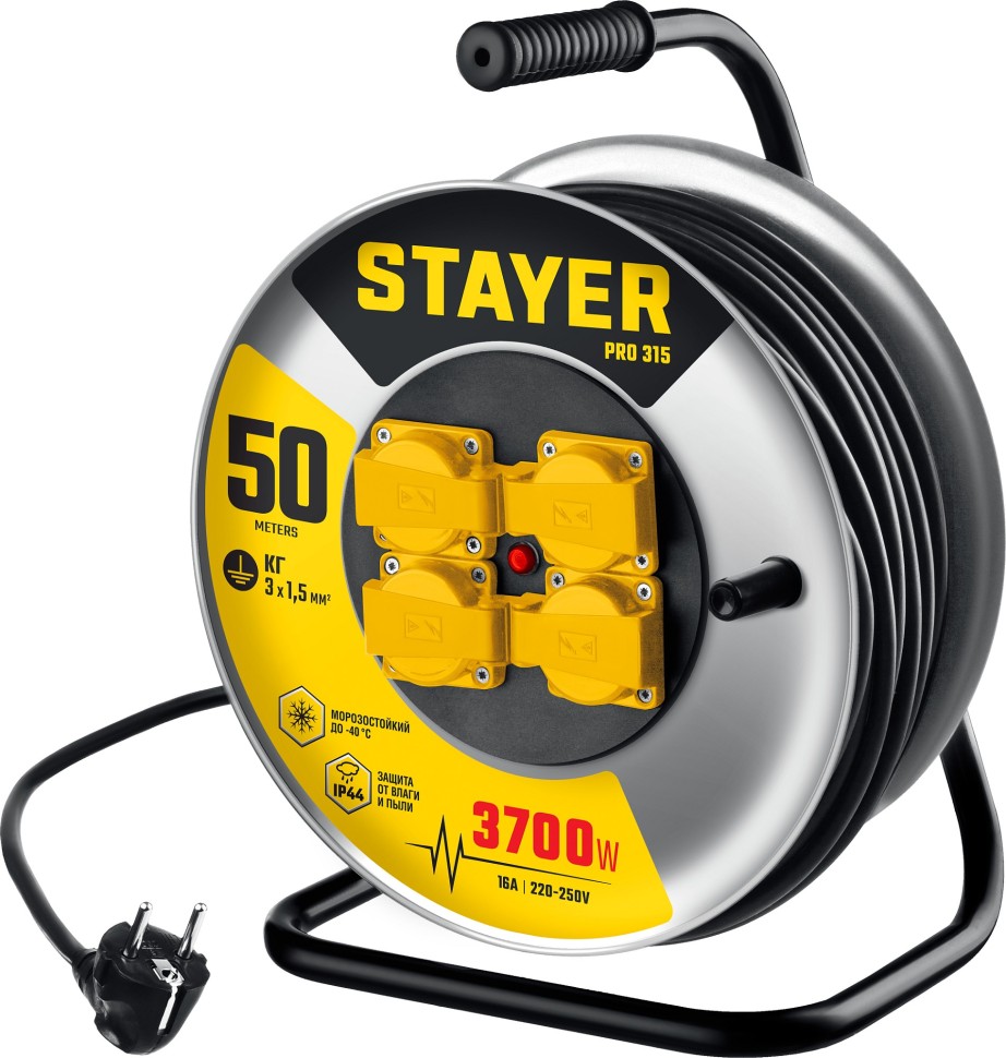 STAYER  PRO 315 КГ 3х1.5 50м 3700Вт IP44, Силовой удлинитель на стальной катушке (55077-50_z01)
