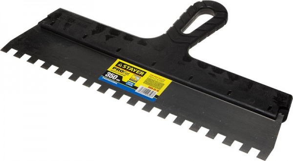 Шпатель STAYER "PROFESSIONAL" нержавеющий зубчатый с пластмассовой ручкой, 350мм, зуб 10х10мм 1009-35-10