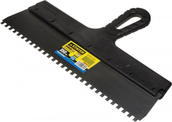 Шпатель STAYER "PROFESSIONAL" нержавеющий зубчатый с пластмассовой ручкой, 350мм, зуб 6х6мм 1009-35-06