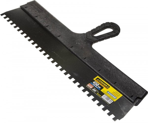 Шпатель STAYER "PROFESSIONAL" нержавеющий зубчатый с пластмассовой ручкой, 450мм, зуб 8х8мм 1009-45-08