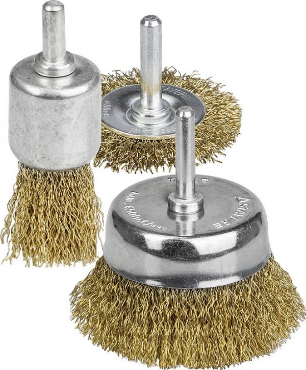 Набор STAYER "MASTER": Щетки-крацовки, витая латун. стальная проволока 0,3мм, диск. 50мм, чаш. 50мм, кистевая 25мм, 3шт, 35152-H3_z01