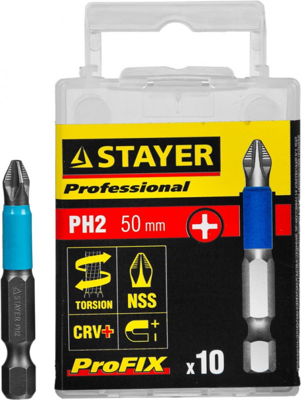 Биты STAYER "PROFESSIONAL" ProFix Phillips, тип хвостовика E 1/4", № 2, L=50мм, 10шт, 26203-2-50-10_z01